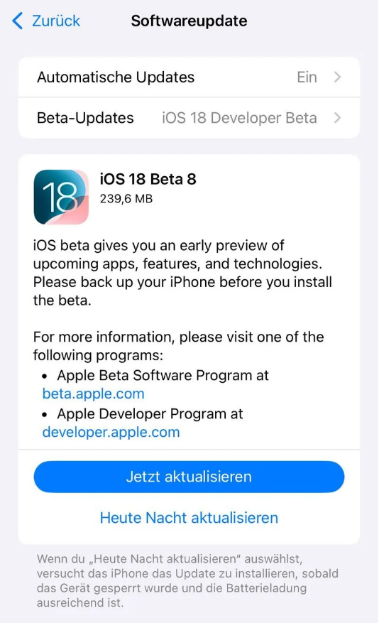 潜山苹果手机维修分享苹果 iOS / iPadOS 18 开发者预览版 Beta 8 发布 